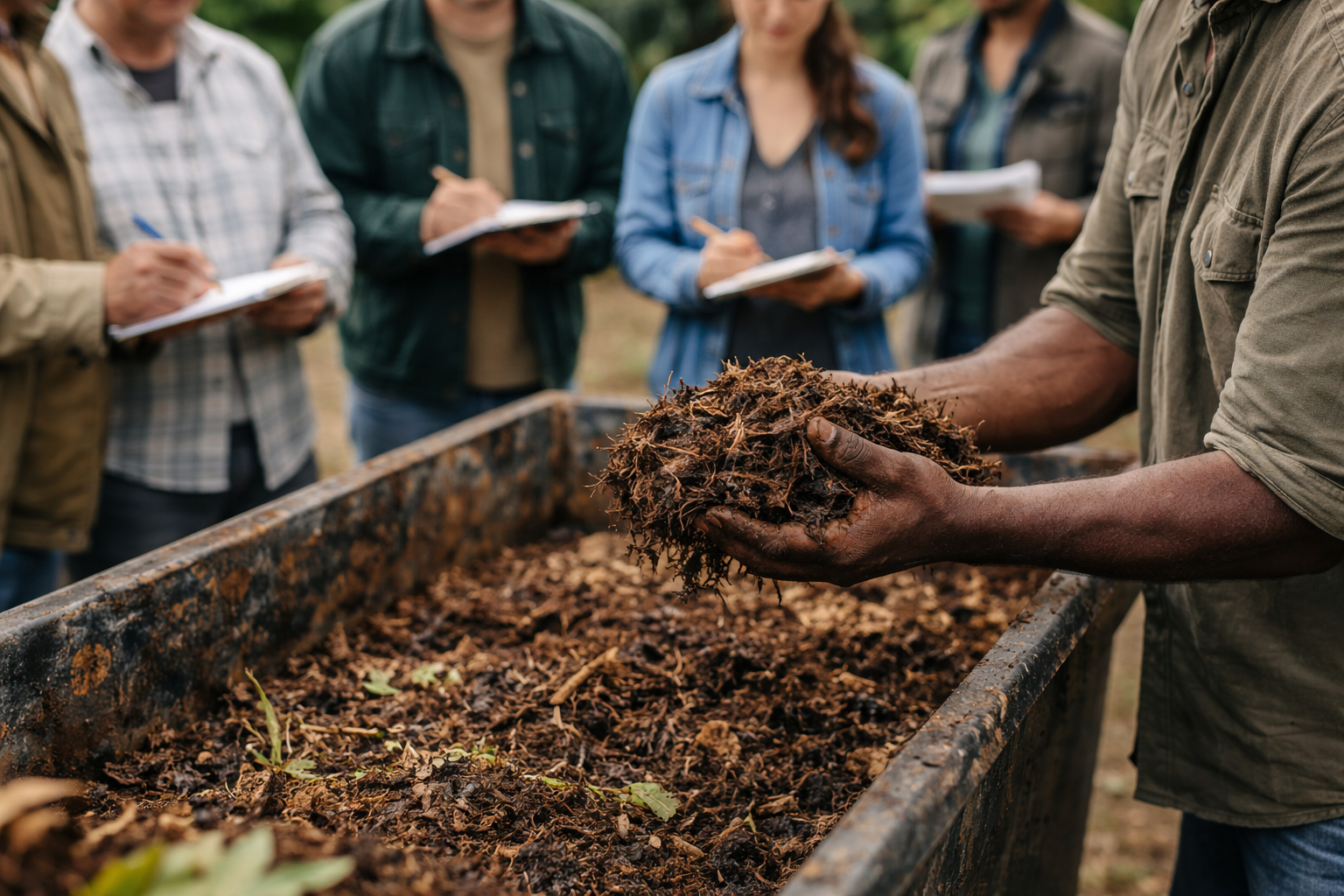 Hands-on compost training with participants working directly with materials (no faces shown)
